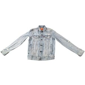 Levis Womens Denim Trucker Jacket Distressed Light Wash Button Front Size S